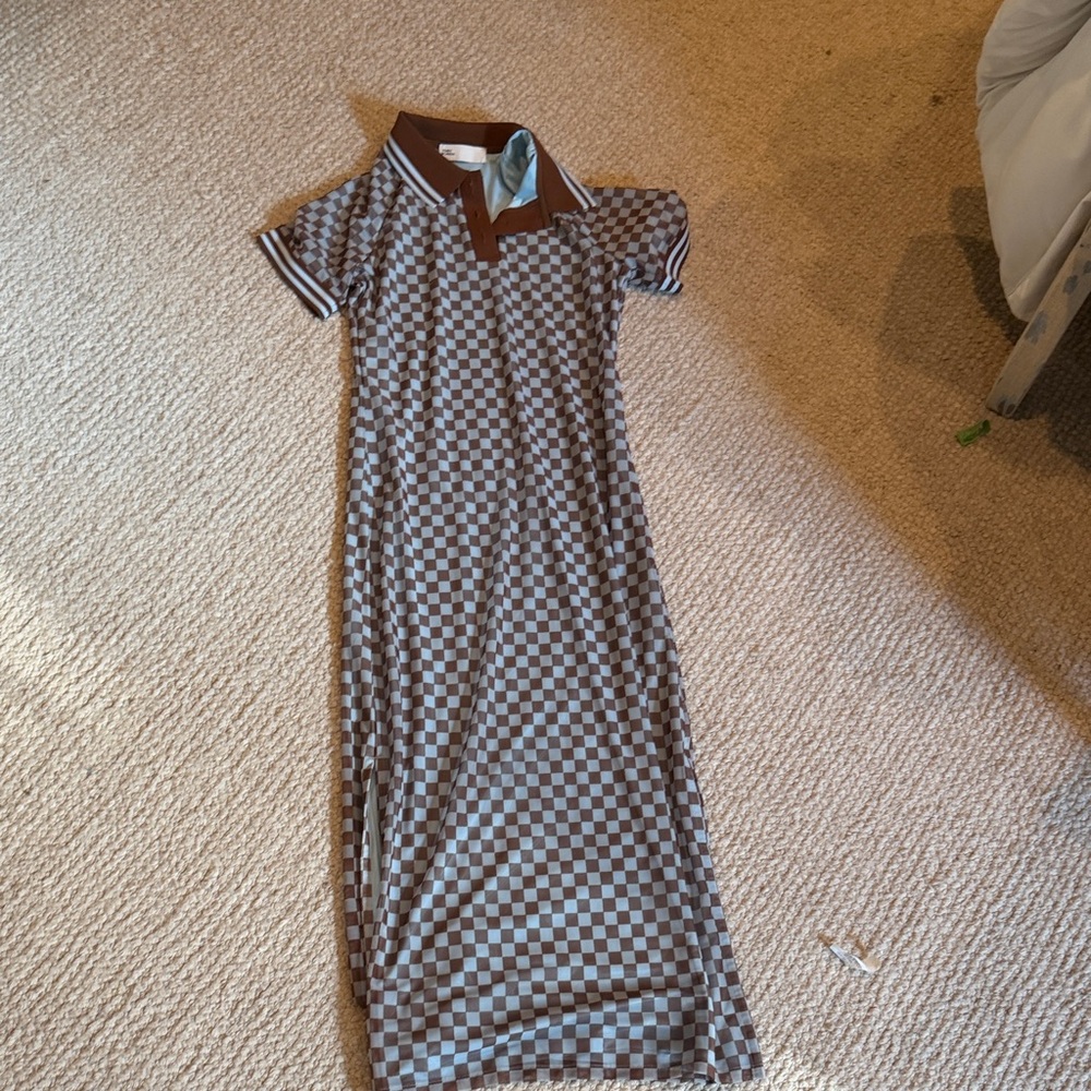 Tory Burch Checkered Blue and Brown Polo Dress